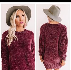 Natalie Chenille Knit Sweater Oversized Boyfriend Fit Long Sleeve Wine Size Med